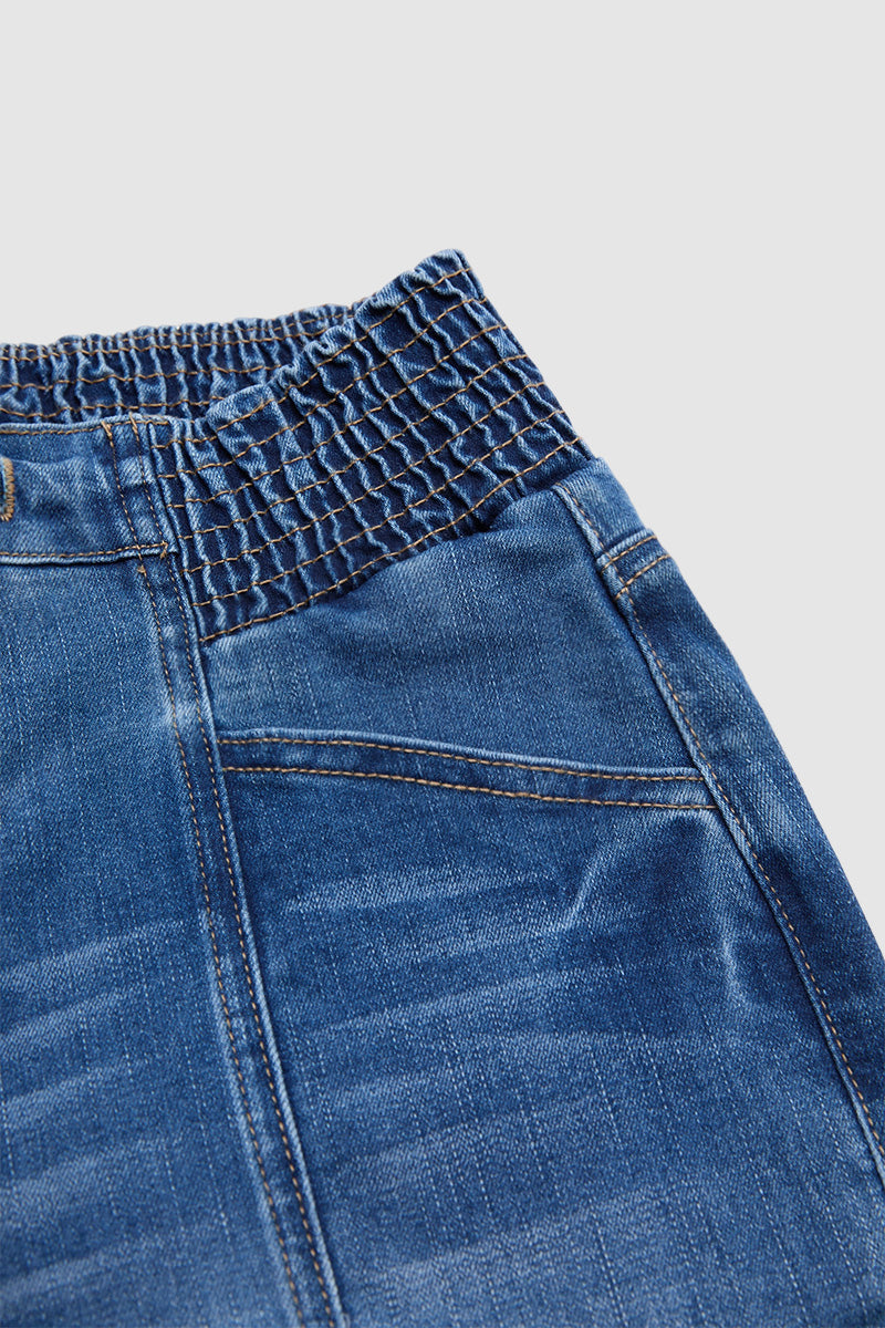 Drawstring Roll Hem Shirred Mid Waist Skinny Capri Jeans