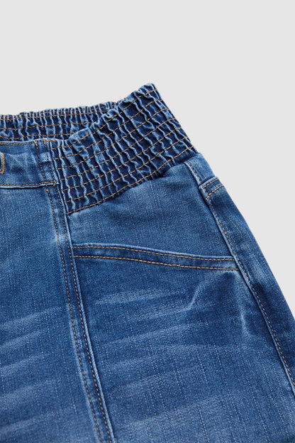 Drawstring Roll Hem Shirred Mid Waist Skinny Capri Jeans