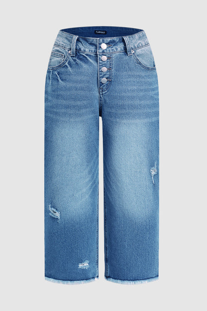 Raw Hem Ripped Button Fly Mid Waist Straight Leg Crop Jeans