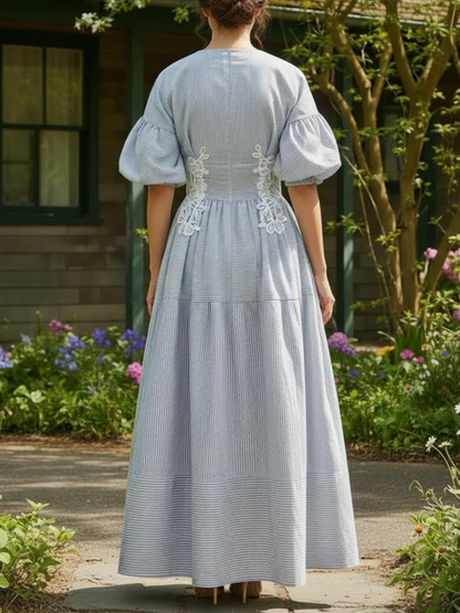 Robe longue en coton, demi-manches, col en V, à carreaux, dentelle, vintage, bleue