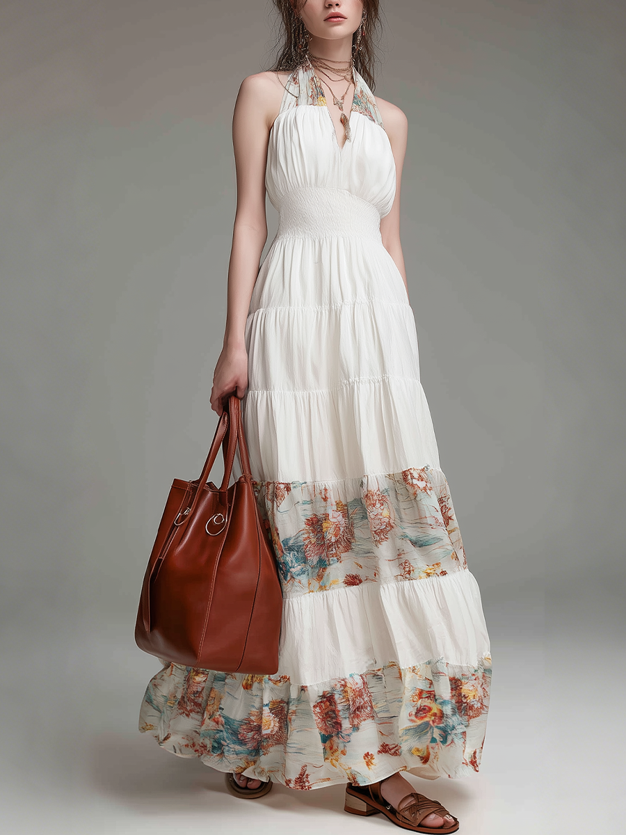 Robe longue élégante à licou et à panneaux imprimés