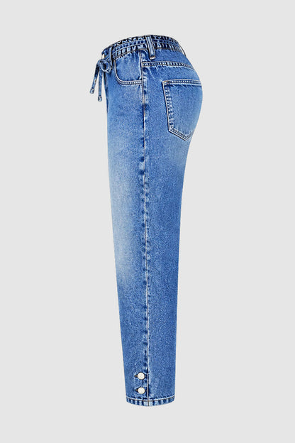 Patch Pocket Button Hem Belted Elastic Waistband Mid Rise Straight Leg Crop Jeans