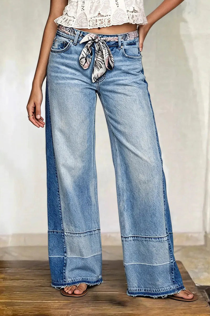 Cut & Sew Raw Hem Mid Rise Wide Leg Jeans Without Belt