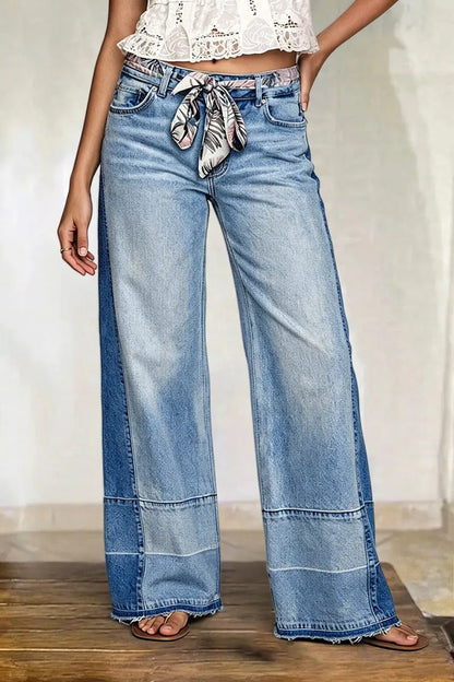 Cut & Sew Raw Hem Mid Rise Wide Leg Jeans Without Belt