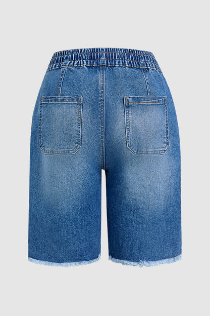 Raw Hem Stitch Detail Drawstring High Waist Denim Bermuda Shorts