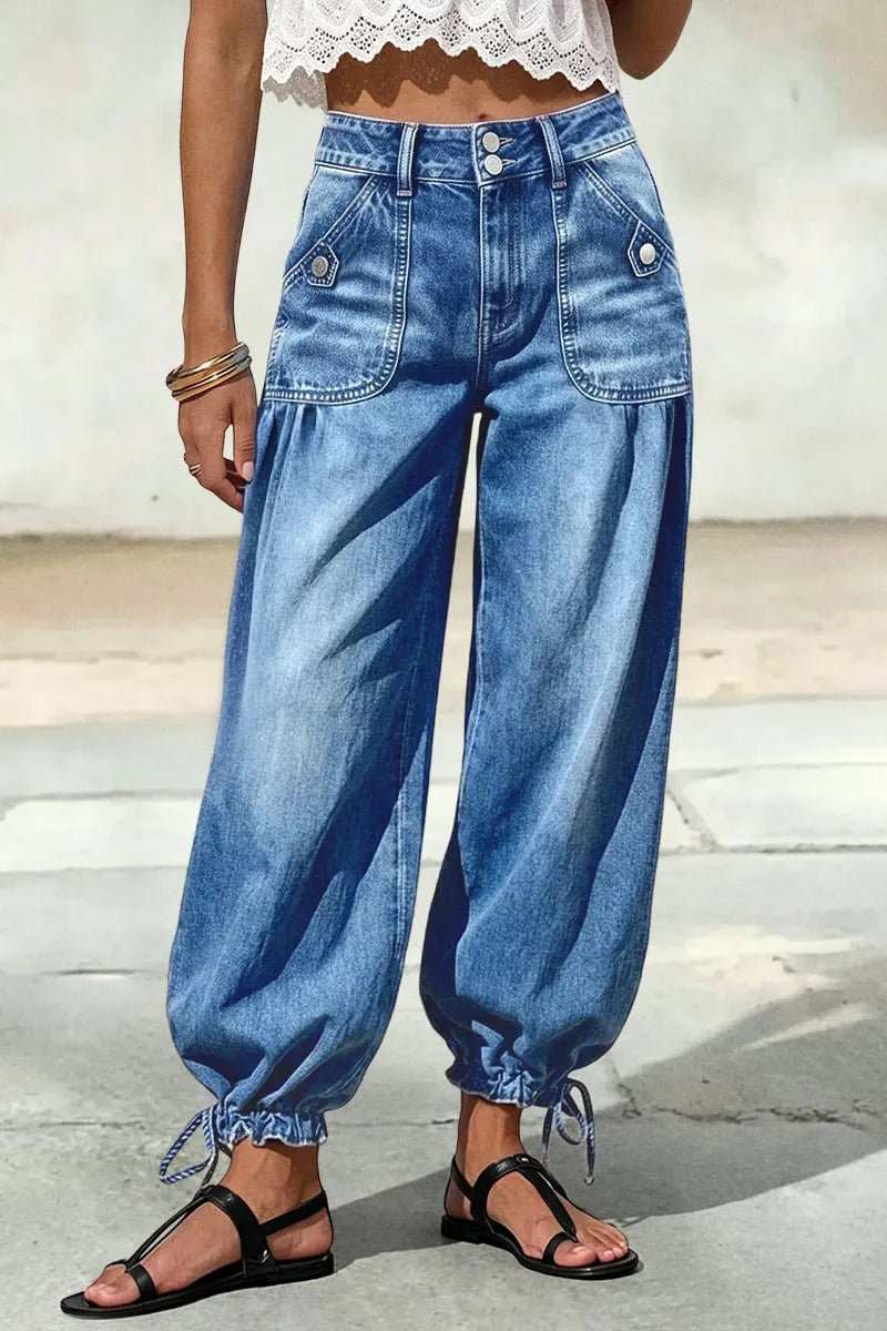 Wash Patch Pocket Drawstring Hem Mid Rise Cropped Wide Leg Jeans