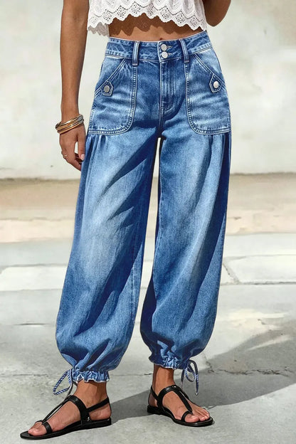 Wash Patch Pocket Drawstring Hem Mid Rise Cropped Wide Leg Jeans