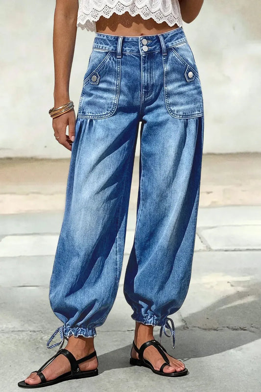 Wash Patch Pocket Drawstring Hem Mid Rise Cropped Wide Leg Jeans