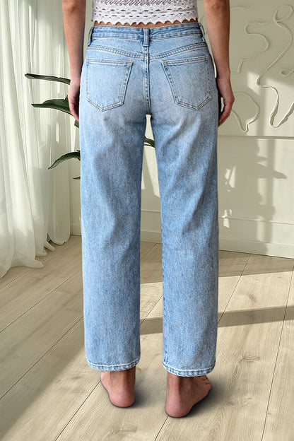 Wash Floral Embroidery Mid Rise Straight Leg Jeans