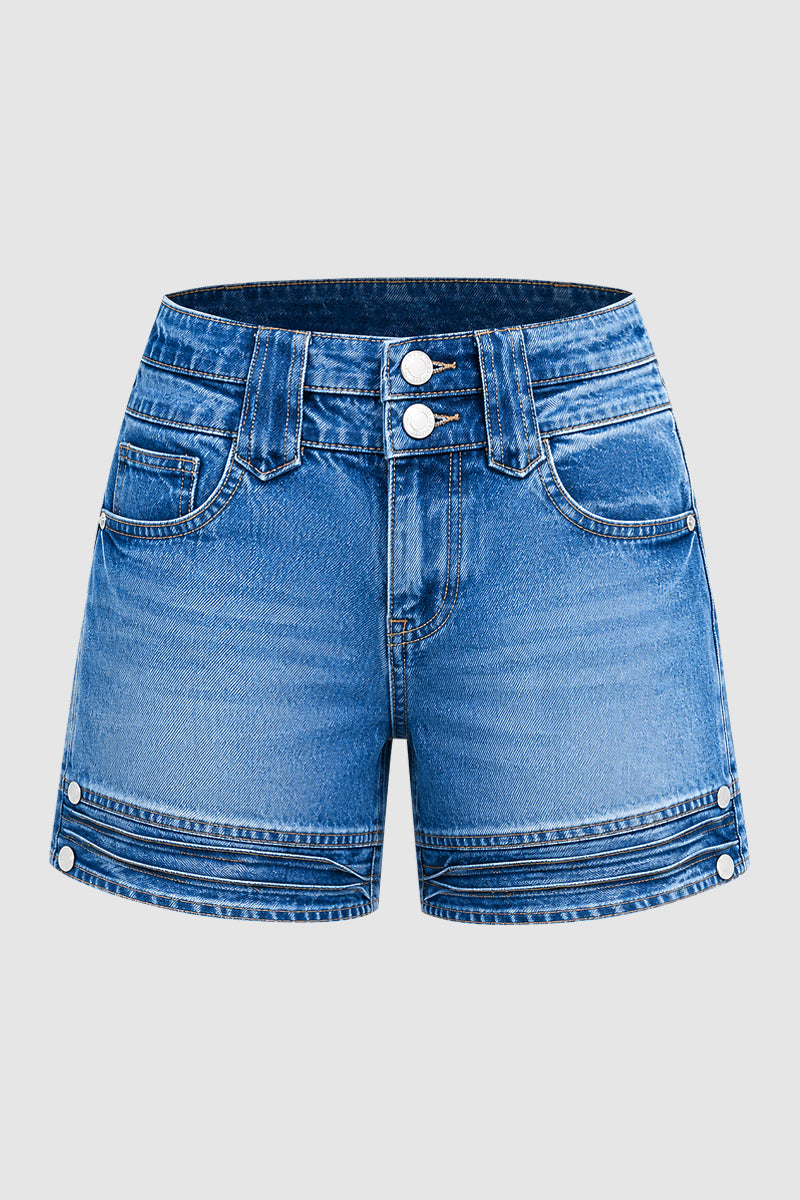 Wash Button Decor Mid Waist Denim Mid Thigh Shorts