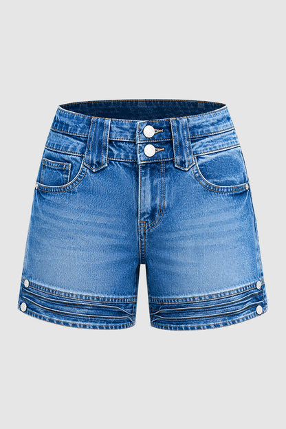Wash Button Decor Mid Waist Denim Mid Thigh Shorts