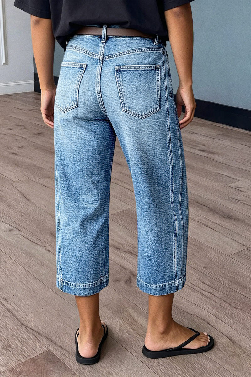 Wash Seam Detail High Rise Straight Leg Crop Jeans Without Belt