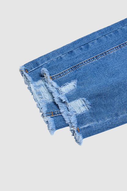 Wash Ripped Raw Hem High Waist Straight Leg Crop Overalls