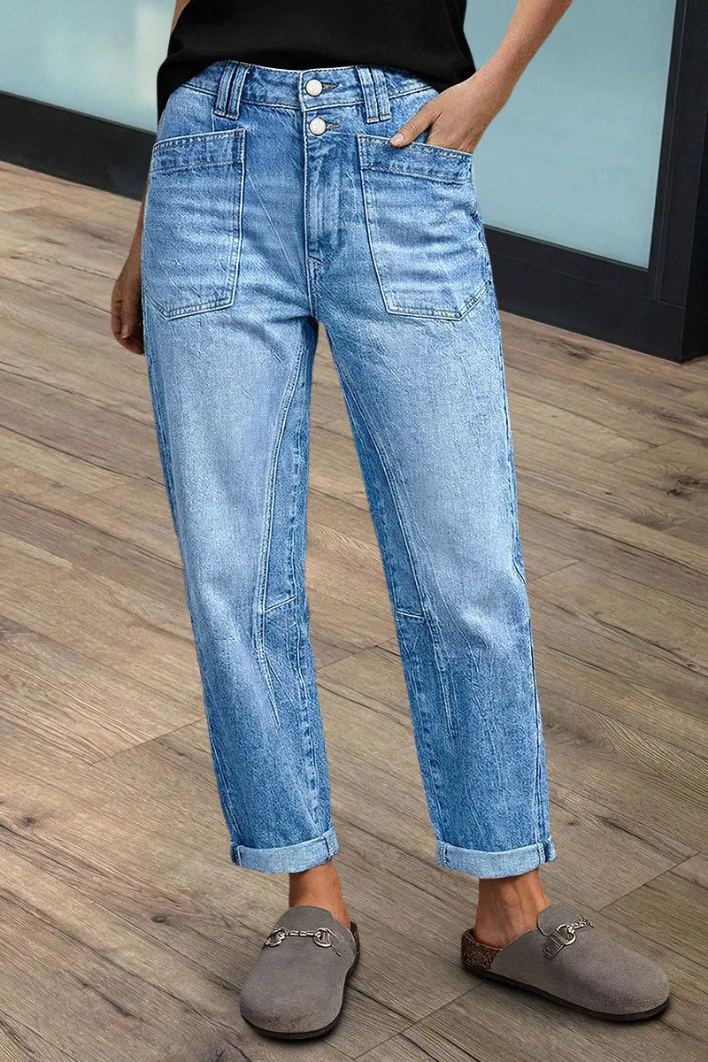 Wash Patch Pocket Dual Button Mid Rise Barrel Leg Crop Jeans