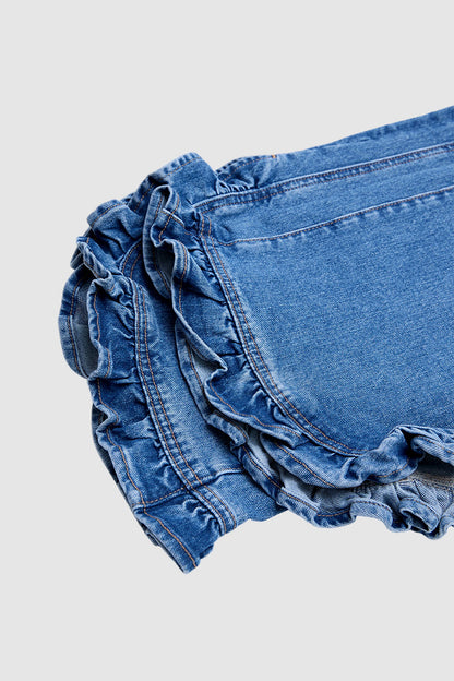 Wash Ruffle Trim Split Hem Mid Rise Wide Leg Jeans