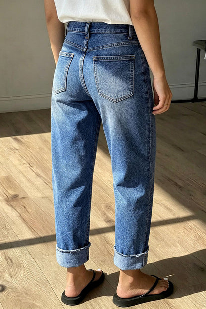Roll & Raw Hem Stitch Detail Flap Decor High Waist Tapered Cropped Jeans