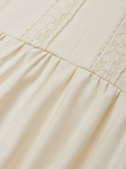 Robe longue en coton, Manches longues, Col en V, Unie, Dentelle, Vintage, Blanche
