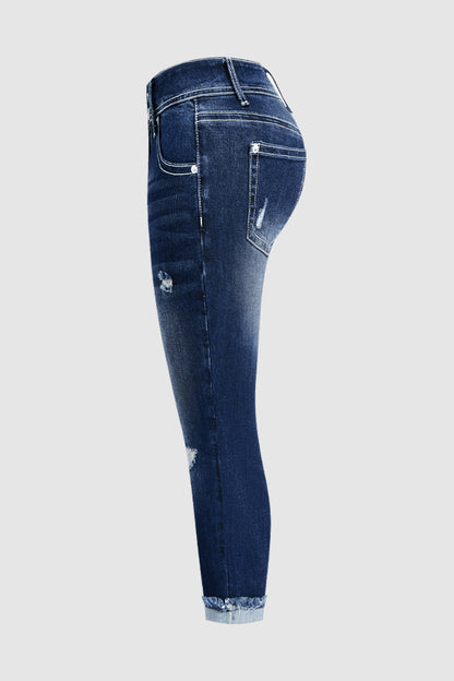 Ripped Roll Hem Dual Button Mid Rise Capri Skinny Jeans