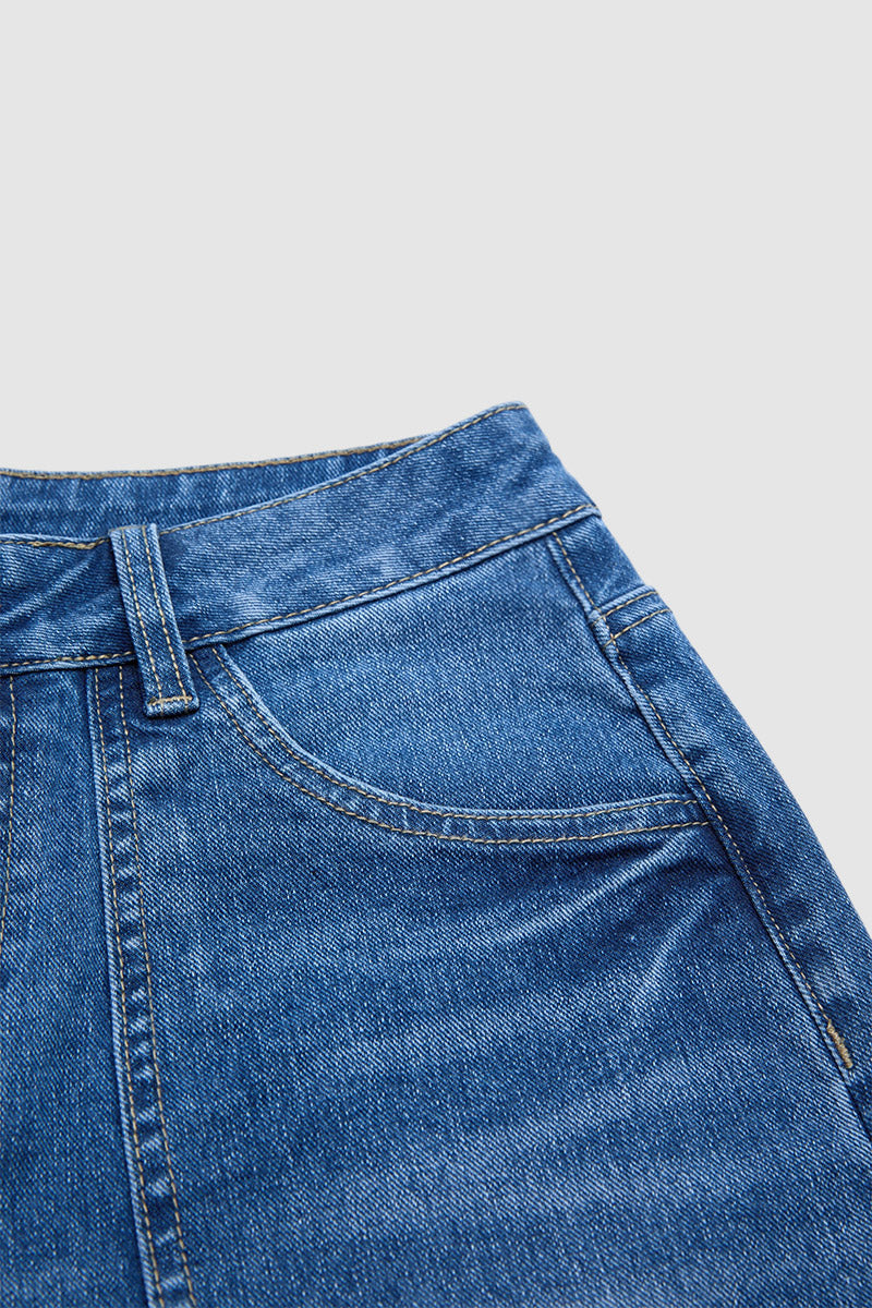 Wash Patch Pocket Split Hem High Rise Straight Leg Crop Jeans Without Belt