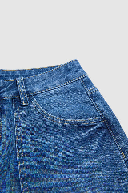 Wash Patch Pocket Split Hem High Rise Straight Leg Crop Jeans Without Belt
