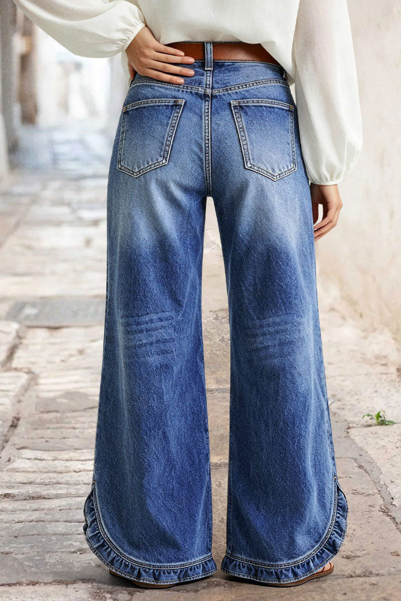 Ruffle Split Hem Pleated Mid Waist Wide Leg Jeans Without Belt