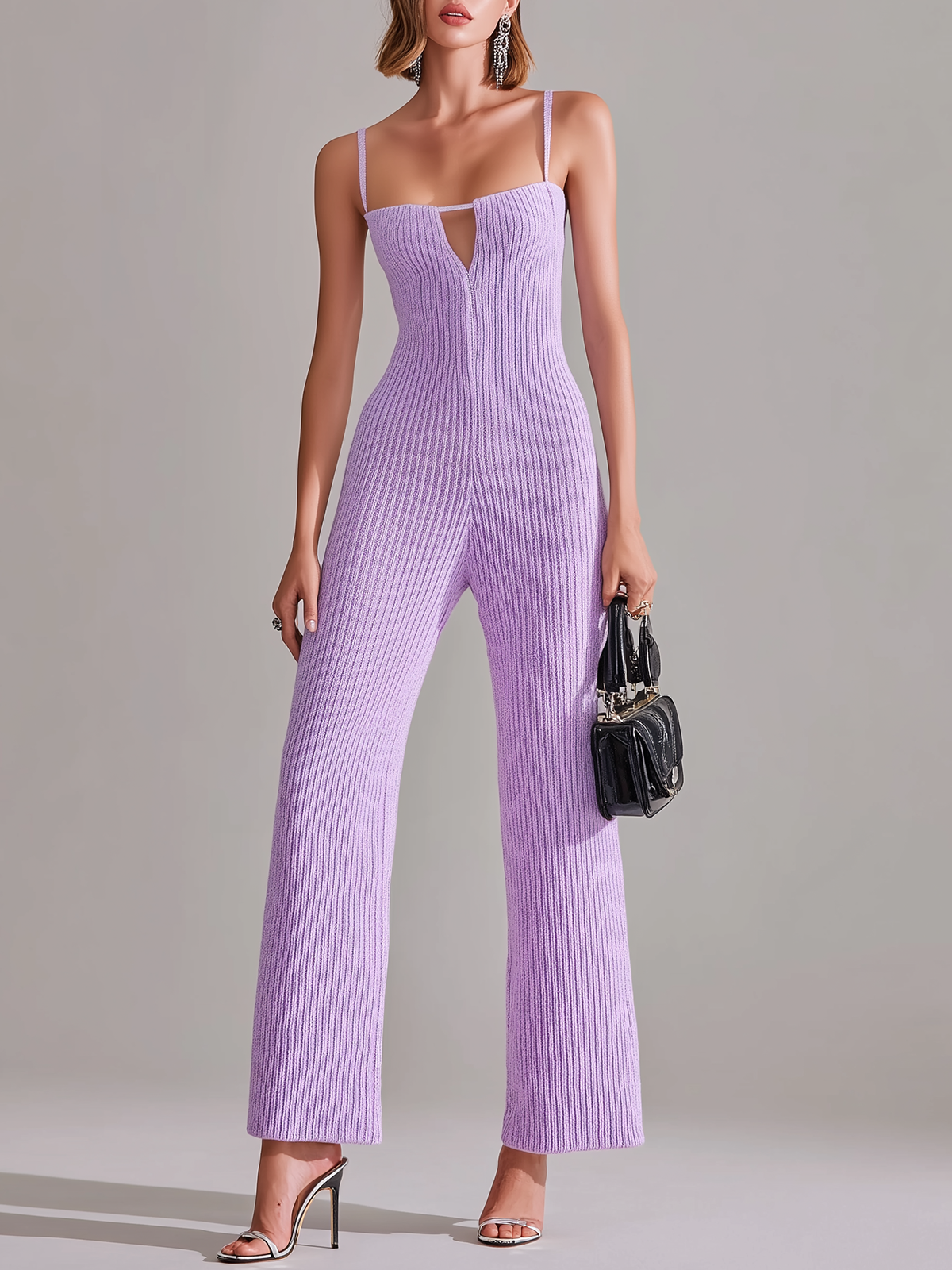 Stylish Elegant Light Purple Strappy Hollow-Out Wide-Leg Knit Jumpsuit