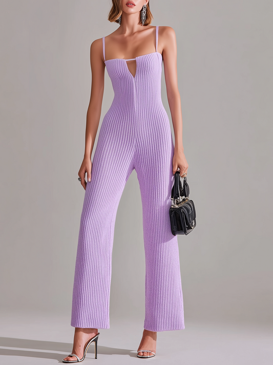 Stylish Elegant Light Purple Strappy Hollow-Out Wide-Leg Knit Jumpsuit