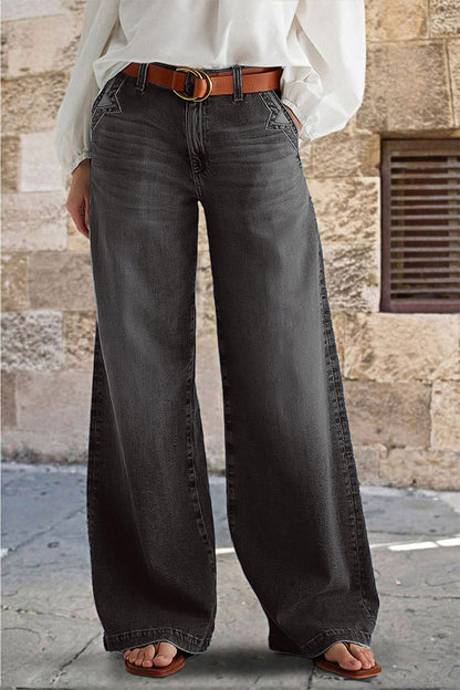 Wash Stitch Decor Wide Leg Mid Rise Jeans Without Belt