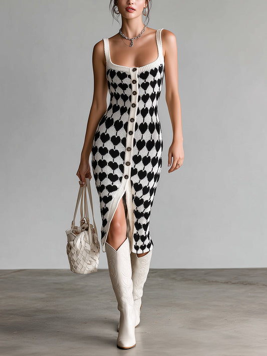 Chic Elegant Black-White Heart Pattern Strappy Single-Breasted Slim-Fit Knit Midi Dress