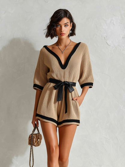 Chic Elegant Camel V-Neck Short-Sleeve Black Trim Detail Belted Waist Ribbed Knit Romper