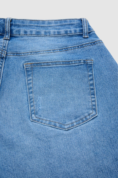 Ripped Seam Front Roll Hem Mid Rise Denim Bermuda Shorts Without Belt