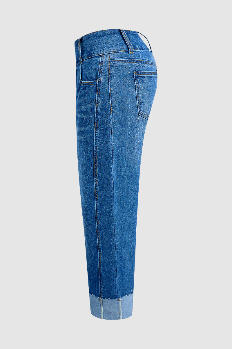Wash Roll Hem Button Up Mid Rise Barrel Leg Crop Jeans