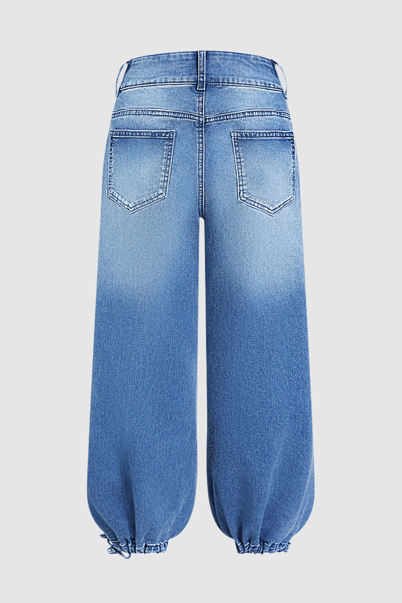 Wash Patch Pocket Drawstring Hem Mid Rise Cropped Wide Leg Jeans
