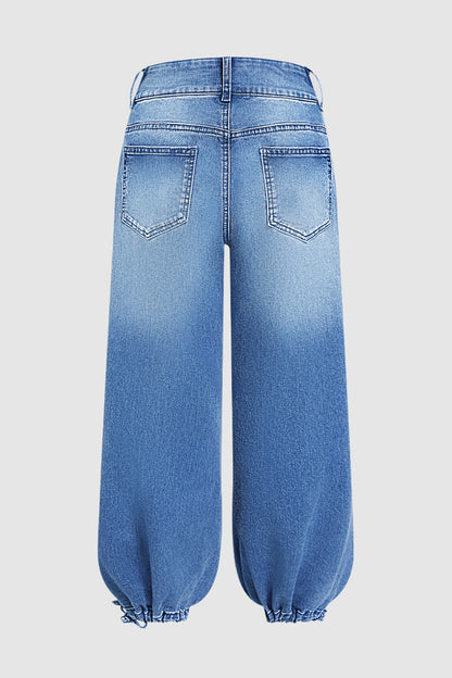 Wash Patch Pocket Drawstring Hem Mid Rise Cropped Wide Leg Jeans