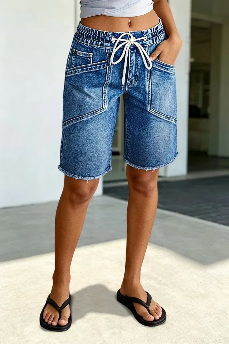Raw Hem Stitch Detail Drawstring High Waist Denim Bermuda Shorts