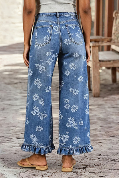 Floral Pattern Ruffle Stitch Detail Mid Waist Wide Leg Crop Jeans