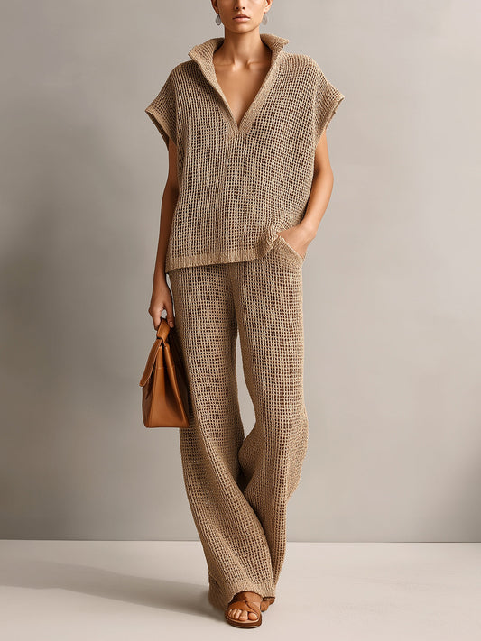 Chic Elegant Camel Stand Collar V-Neck Off-Shoulder Oversize Vest Beige Wide-Leg Pants Knit Two-Piece Set