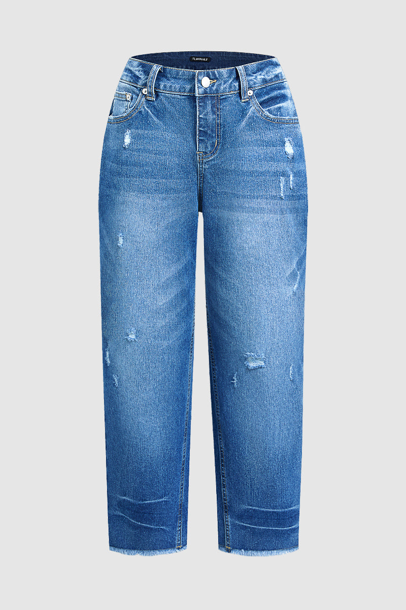 Wash Ripped Raw Hem Mid Rise Straight Leg Crop Jeans
