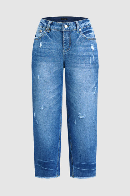 Wash Ripped Raw Hem Mid Rise Straight Leg Crop Jeans