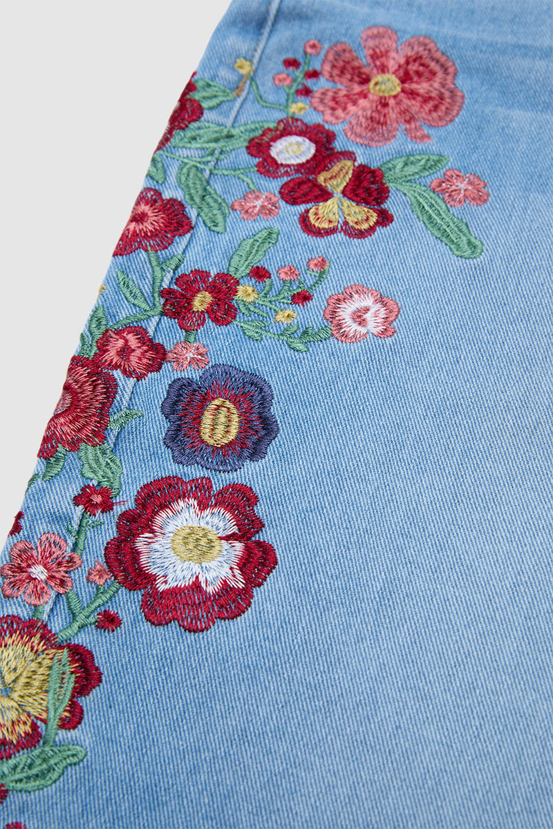 Wash Floral Embroidery Mid Rise Denim Bermuda Shorts