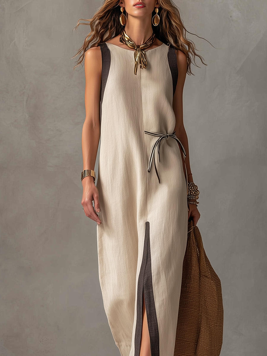 Robe longue Bohème en Lin à blocs de couleur avec ceinture