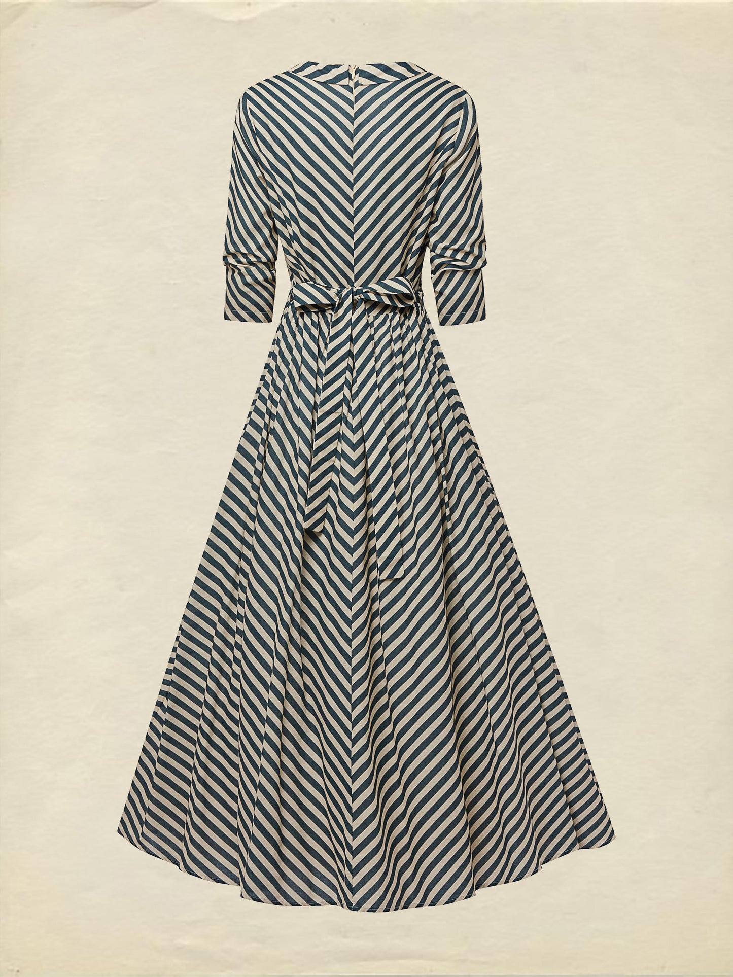 Robe longue en coton, manches courtes, col en V, rayée, style vintage français, bleue