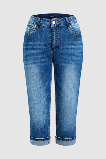 Wash Roll Hem Flap Pocket Mid Waist Straight Leg Capri Jeans