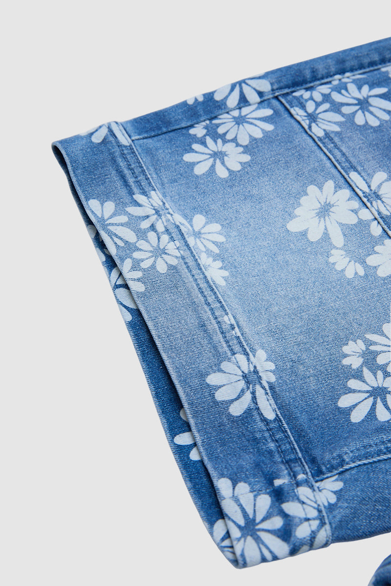 Floral Print Patch Pocket Drawstring Mid Rise Mid Thigh Denim Shorts