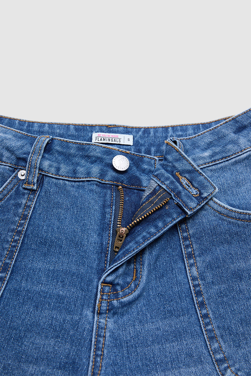 Wash Ruffle Hem Patch Pocket Mid Waist Straight Leg Jeans Without Belt