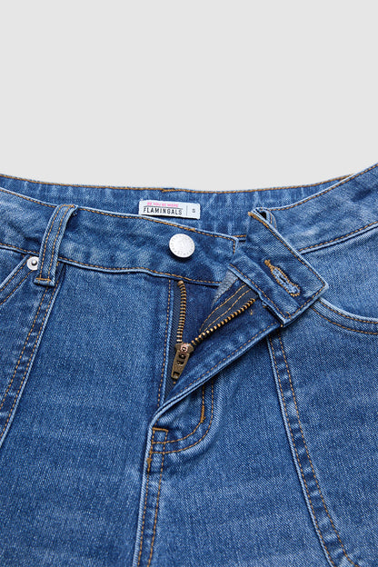 Wash Ruffle Hem Patch Pocket Mid Waist Straight Leg Jeans Without Belt