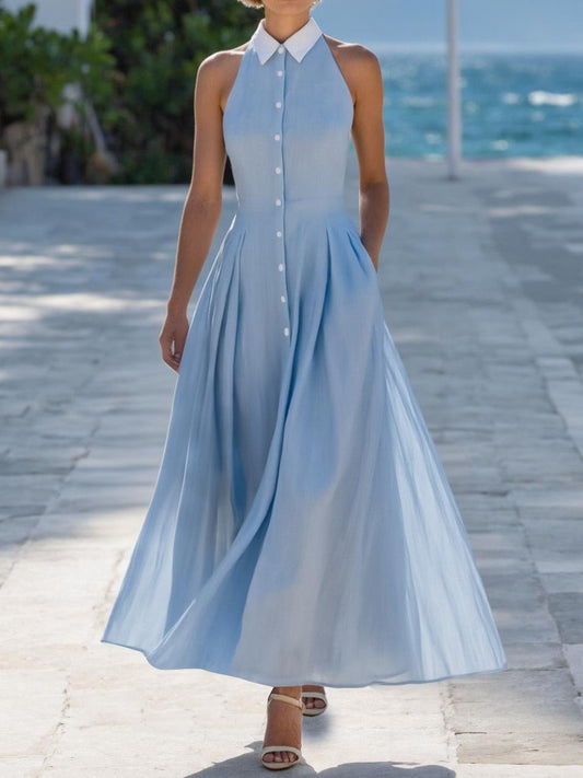Robe longue en lin, sans manches, col châle, unie, boutonnée, style vintage, bleue