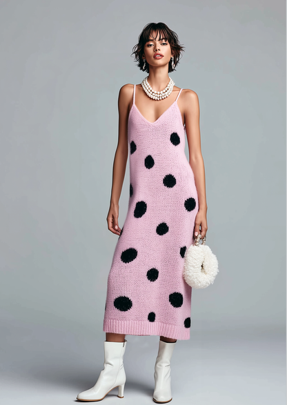 Stylish Elegant Pink Polka Dot V-Neck Strappy Loose Ribbed Knit Midi Dress