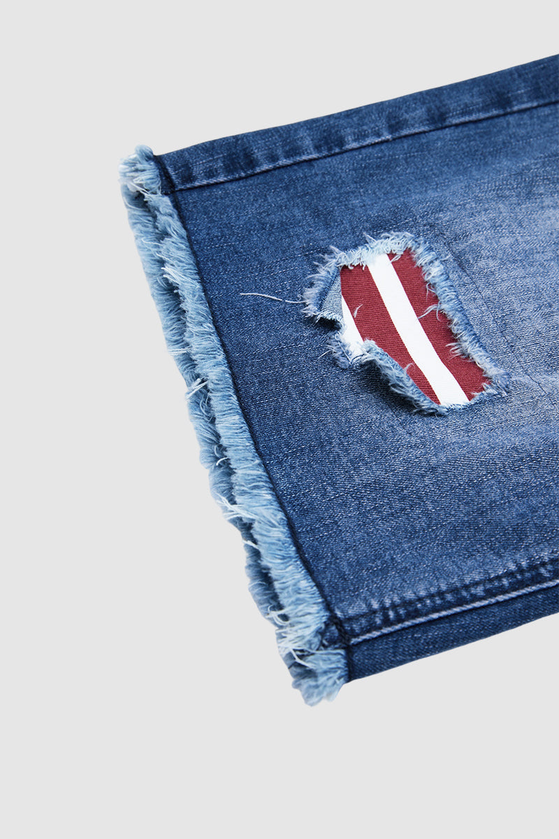American Flag Patched Ripped Raw Hem Mid Rise Denim Bermuda Shorts