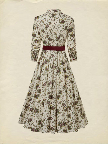 Robe Midi en Lin, Manches Longues, Col Châle, Imprimé Floral, Ceinturée, Vintage, Abricot
